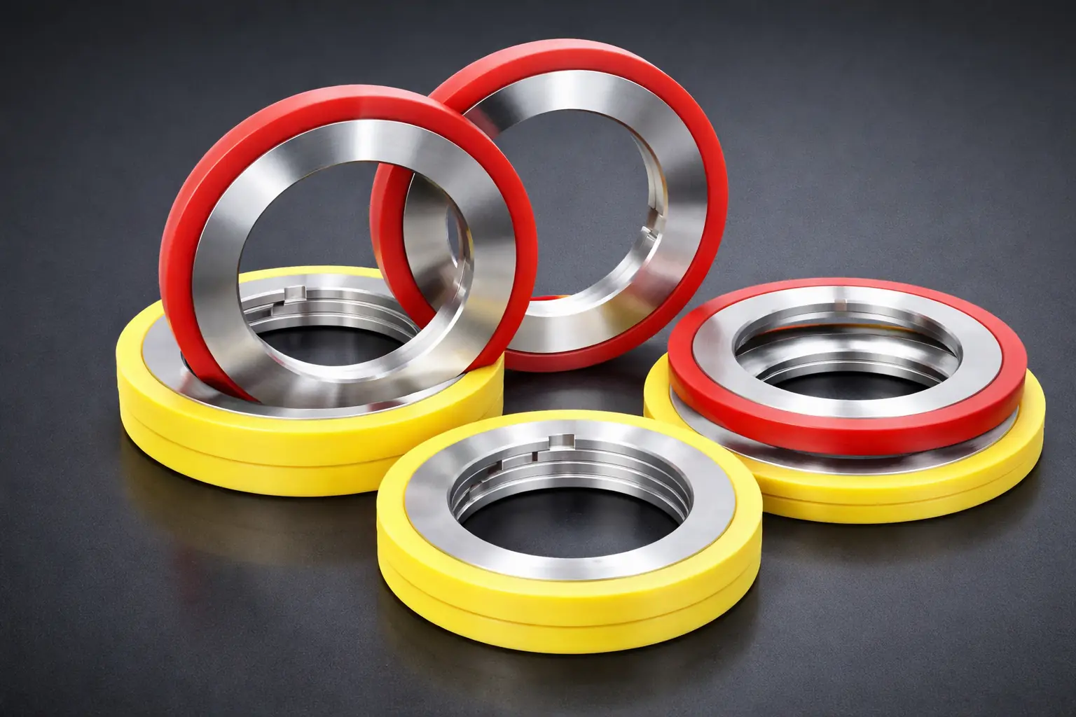 Red and yellow rubber bonded slitter spacers with polished steel cores stacked on a dark surface
