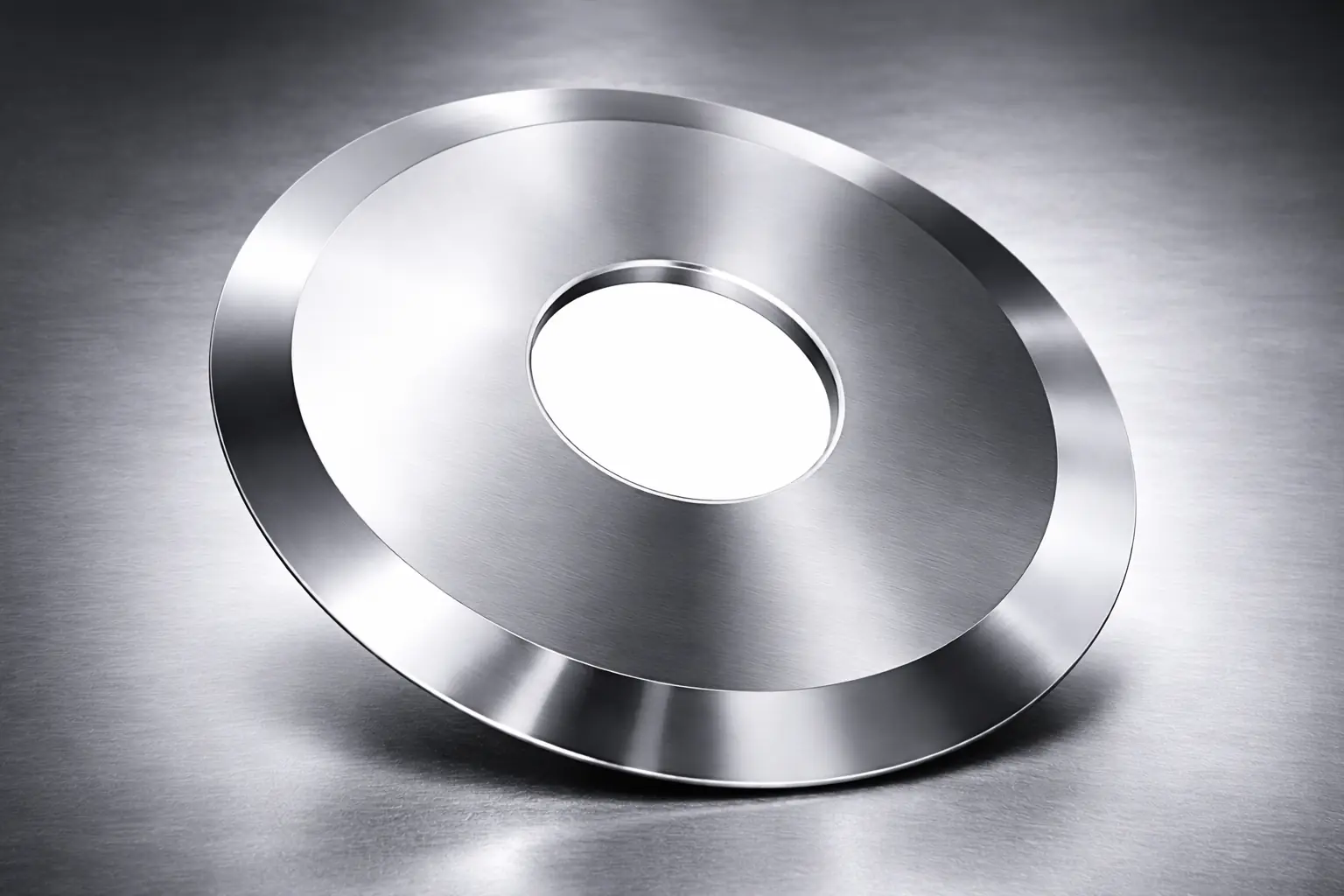 A precision ground steel separator disc with a stepped hub, used to keep slit strips apart on the recoiler