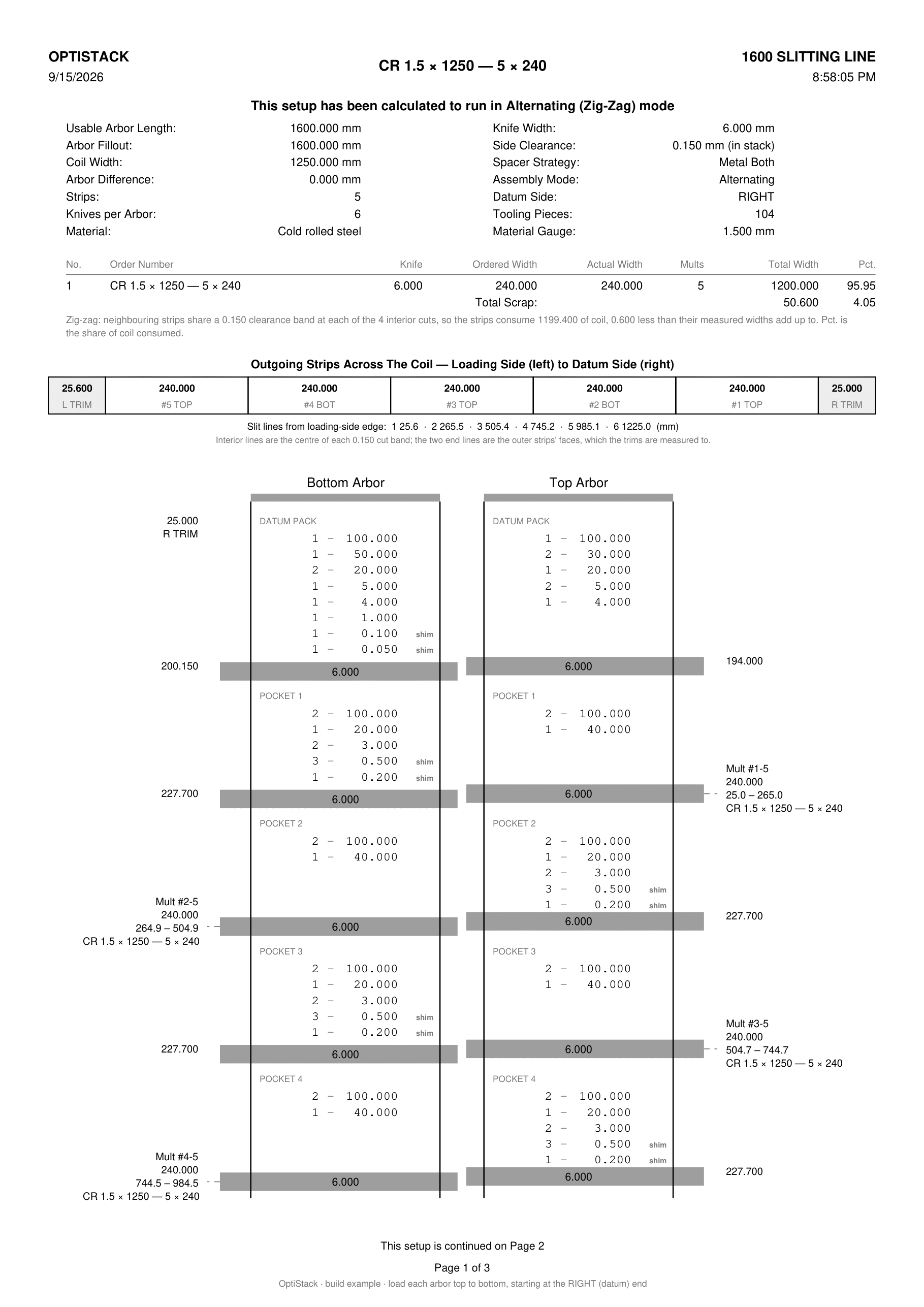 OptiStack Pro assembly sheet, page 1: strips across the coil with trims and slit lines, then the bottom and top arbors listed pocket by pocket with knife bars, male and female pockets alternating, for a 1250 mm coil slit into five 240 mm strips
