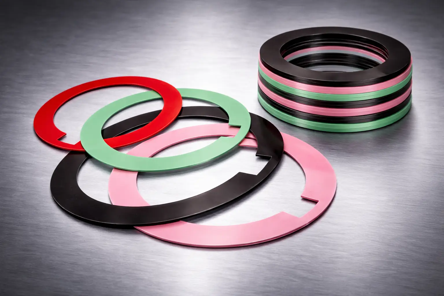 Colour coded plastic slitter shims with keyway slots, loose and in a stacked set of graduated thicknesses